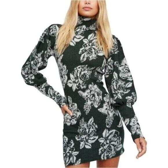 Free People Farrrah Wool Mini Sweater Dress Floral Dark Romantic Feminine L Cozy - Picture 1 of 10